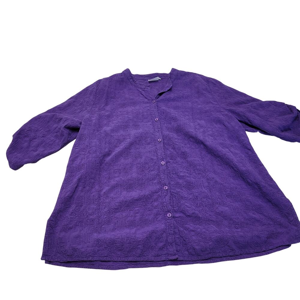 Brie Kriebel purple button down tunic top embroidered artsy 2x 3/4 sleeve
